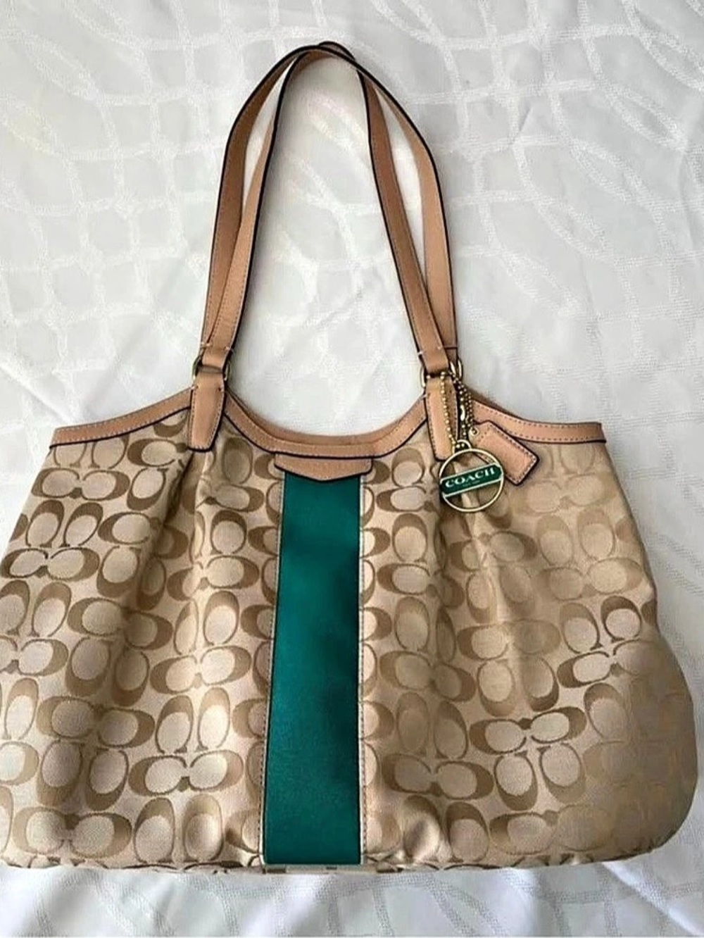 EUC Coach Signature Stripe Shoulder Bag Khaki Jade